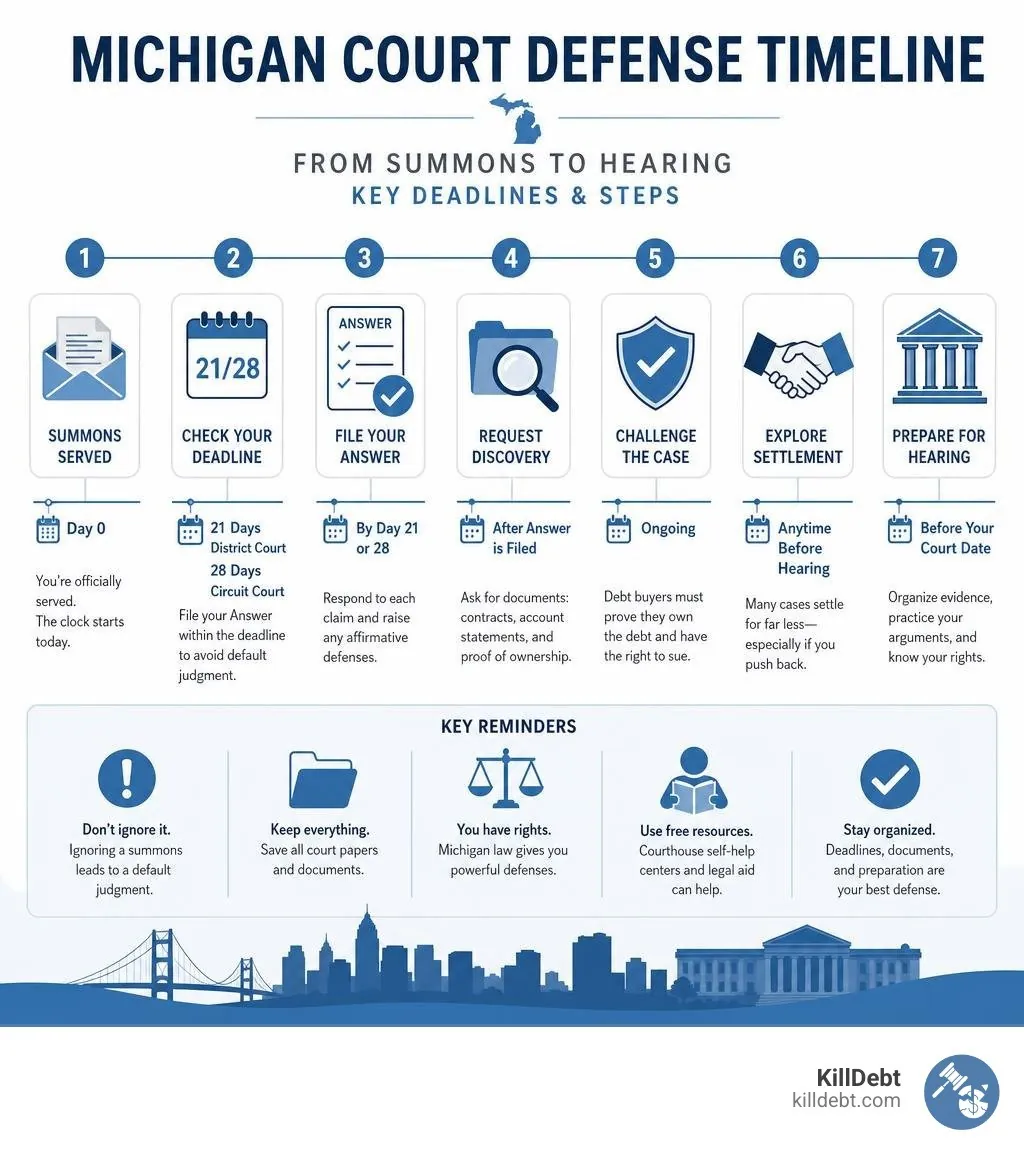 Michigan court defense timeline from summons to hearing with key deadlines and steps infographic. Request discovery after you file your Answer. You can explore settlement at any time before the hearing. The last step is to prepare for the hearing before your court date. Organize your evidence and practice your arguments. Save all court papers and documents.