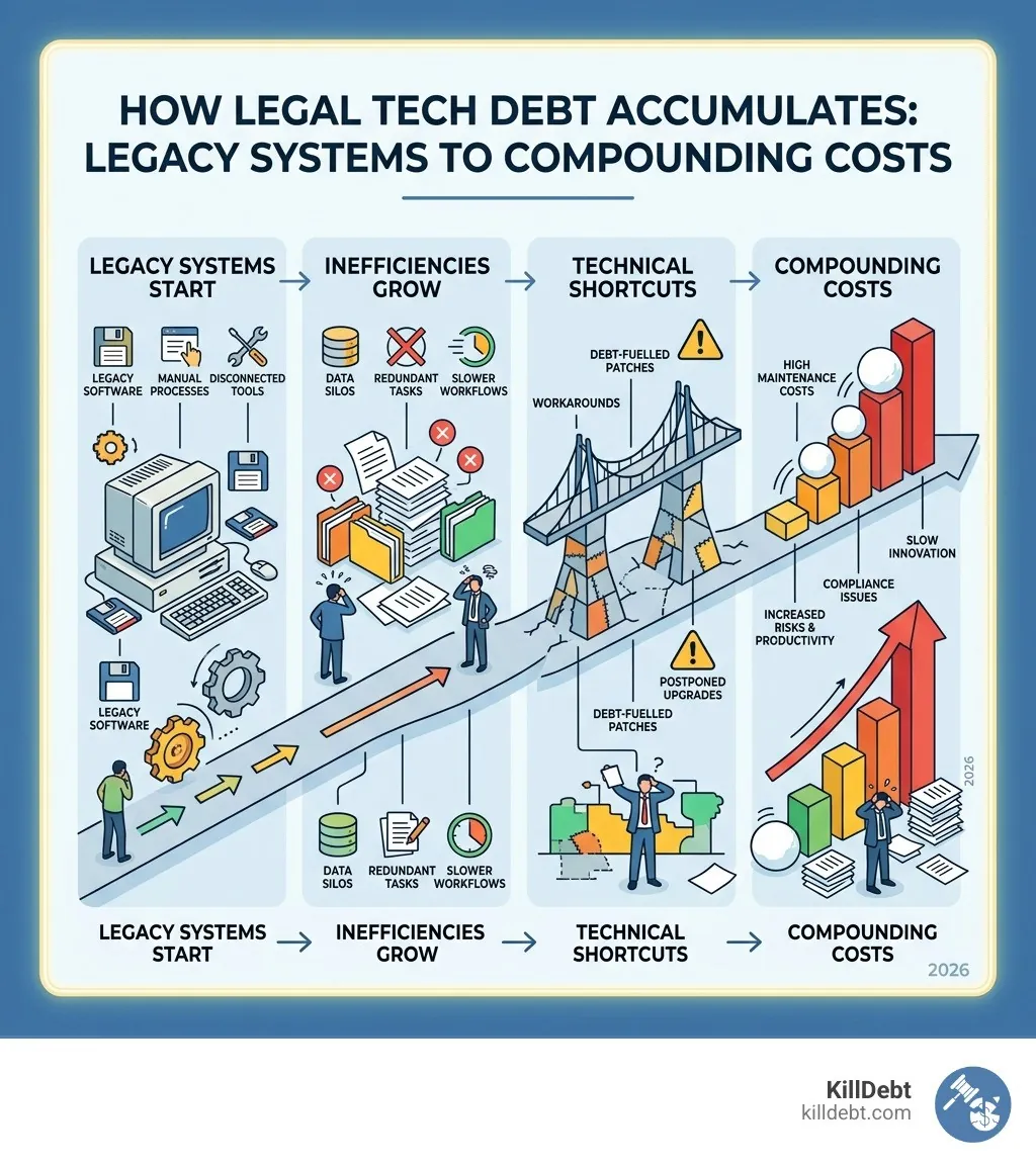 How legal tech debt accumulates from legacy systems to compounding costs over time