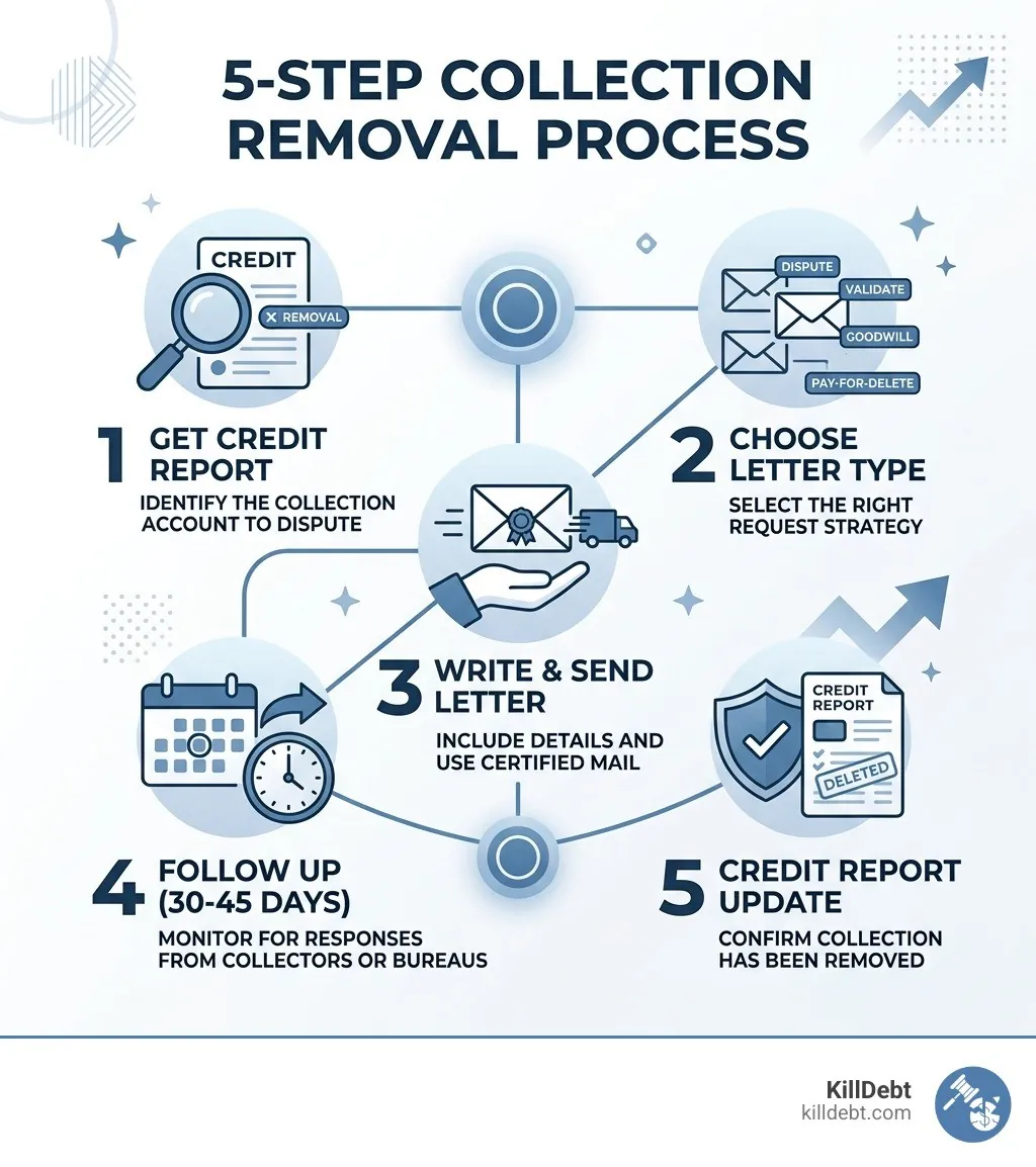 5-step infographic showing collection removal process from dispute letter to credit report update