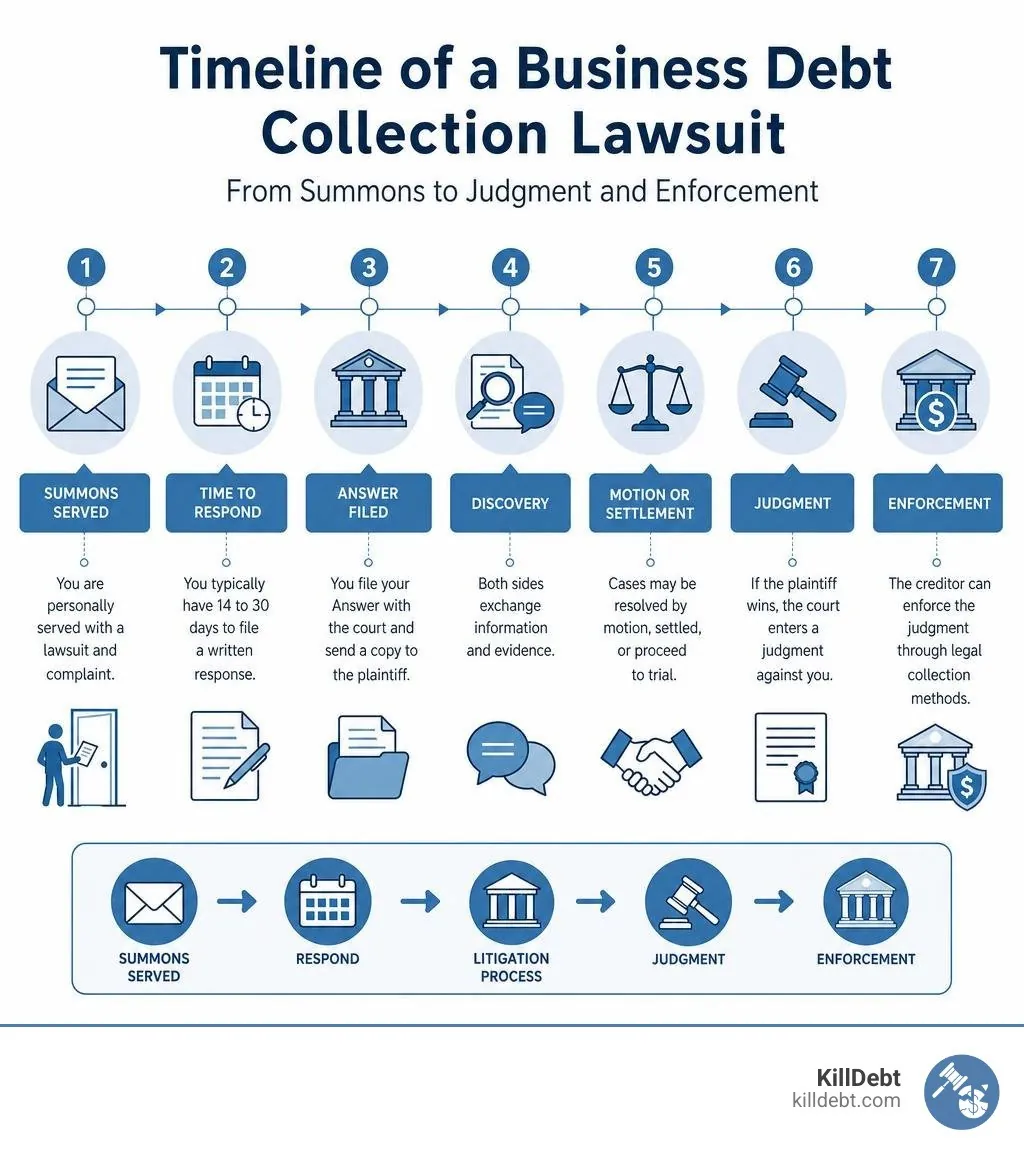 Timeline of a business debt collection lawsuit from summons to judgment and enforcement infographic