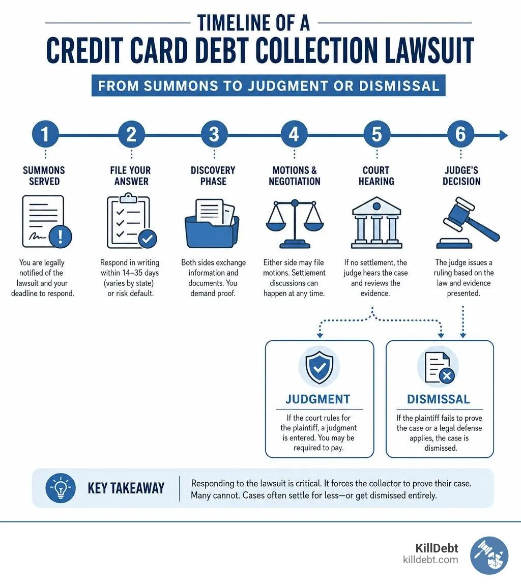Timeline of a credit card debt collection lawsuit from summons to judgment or dismissal infographic