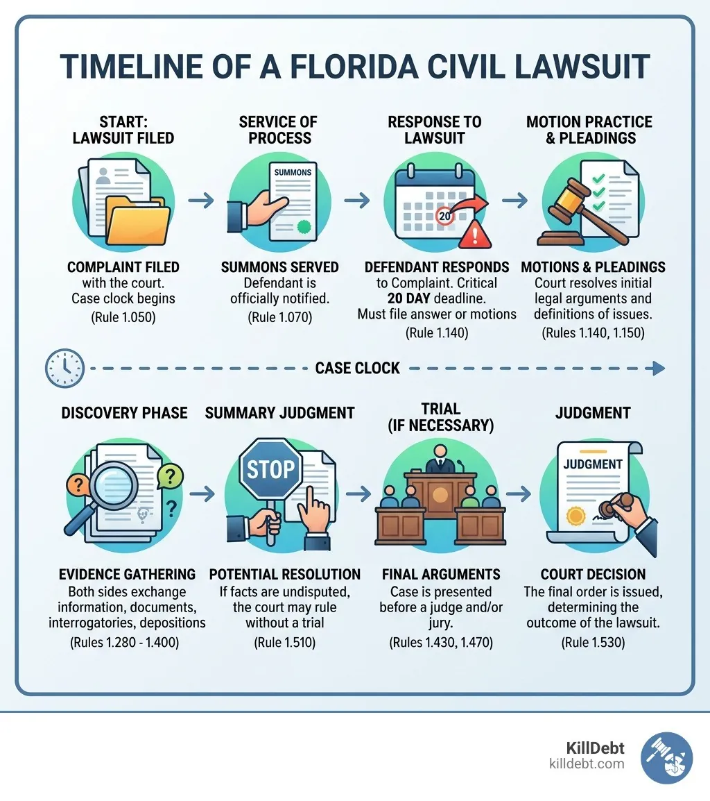 Timeline infographic of a Florida civil lawsuit from summons to judgment