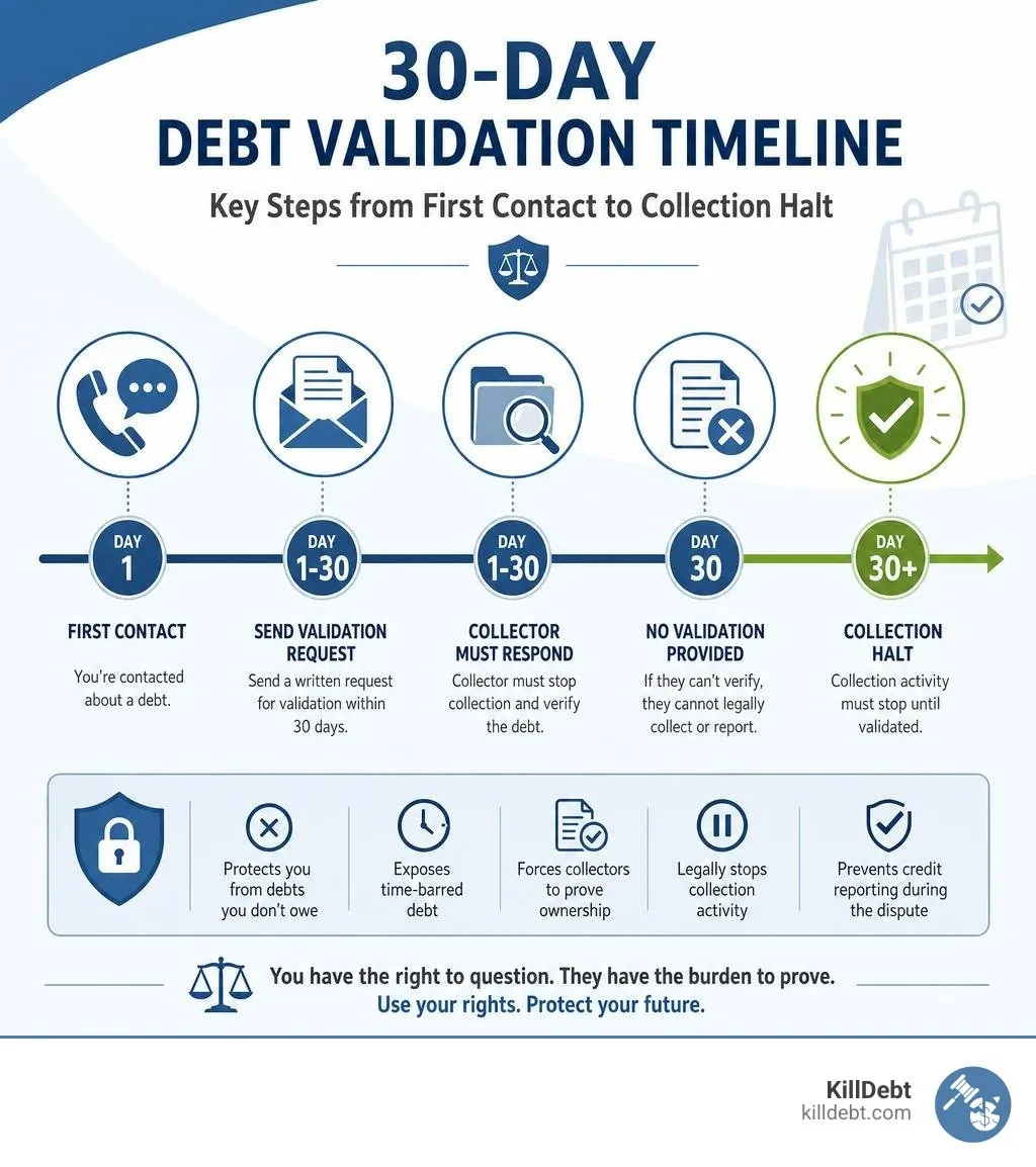 30-day debt validation timeline showing key steps from first contact to collection halt infographic