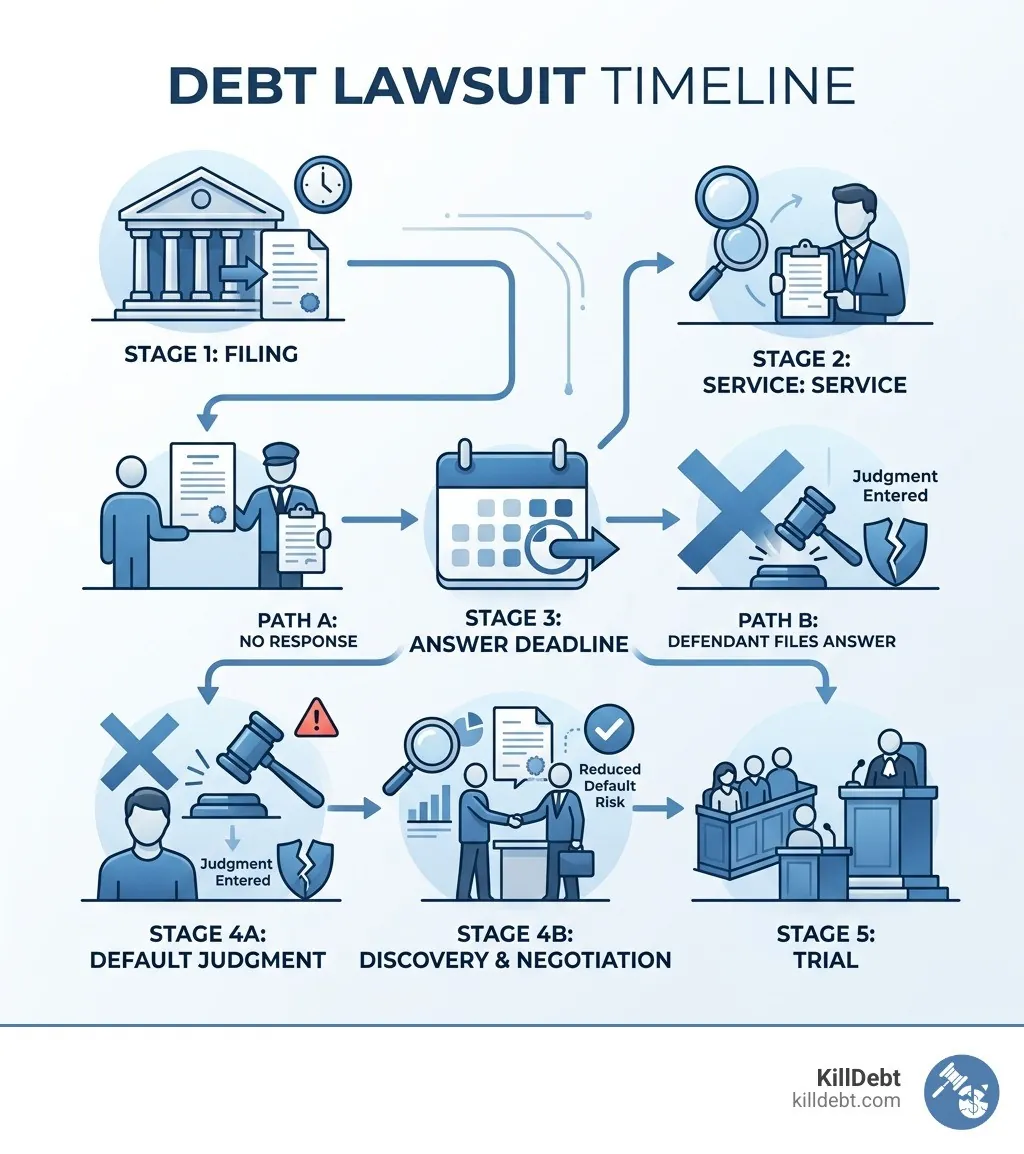 Debt lawsuit timeline showing filing, service, answer deadline, default judgment, and trial stages