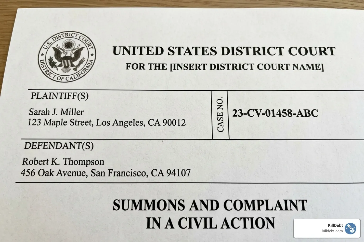 Header of a standard court document showing Plaintiff, Defendant, and Case Number