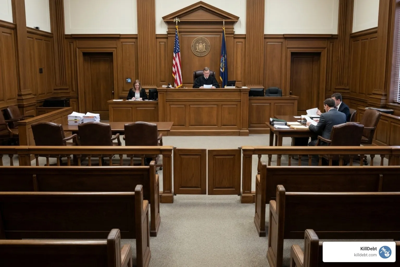 Courtroom with empty defendant seats representing high default judgment rates