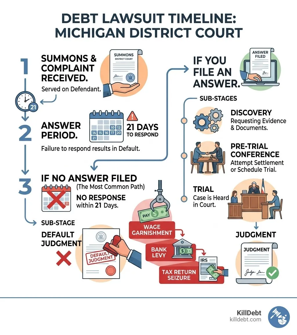 Debt lawsuit timeline from summons to judgment in Michigan District Court infographic