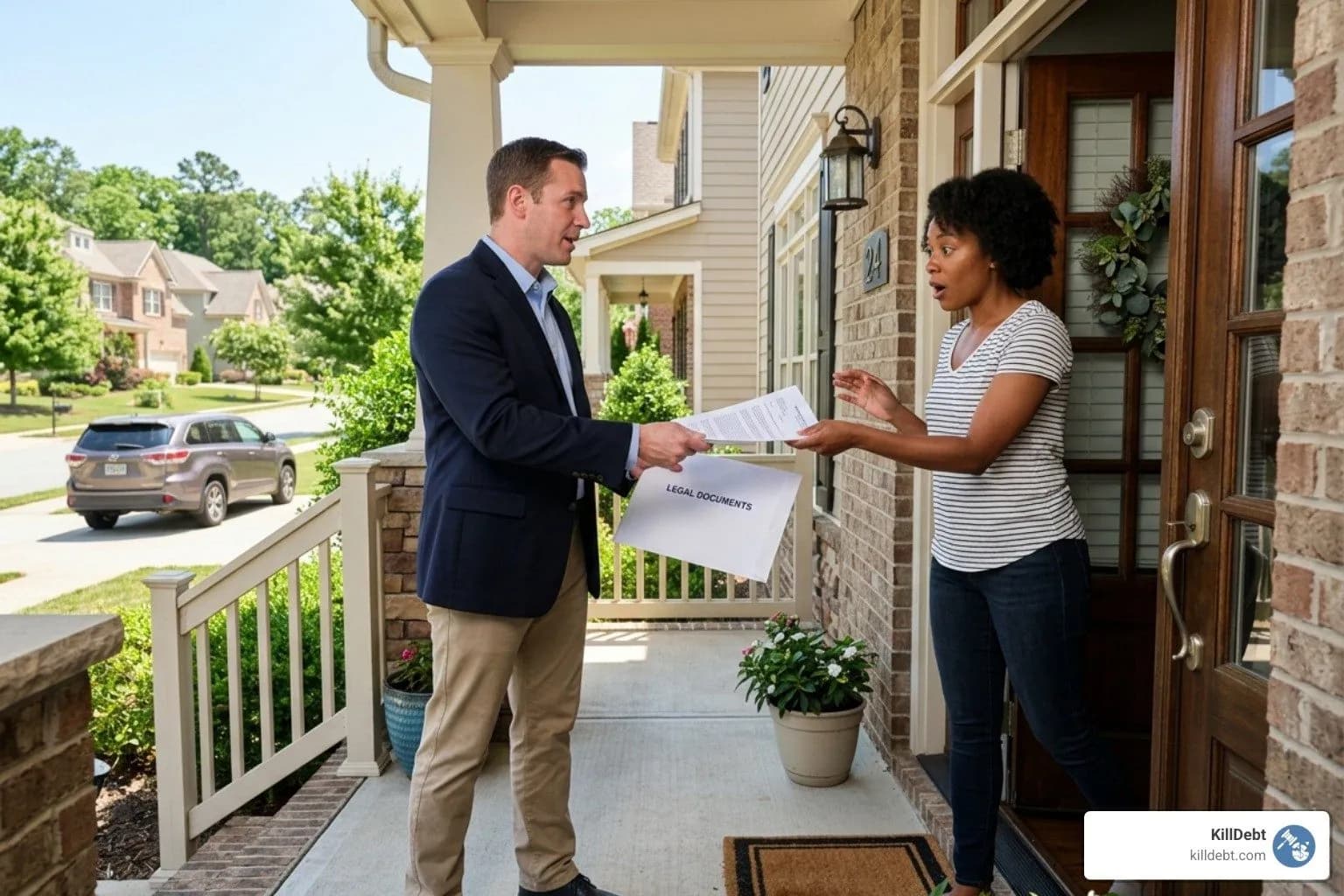 A process server delivering legal documents to a defendant