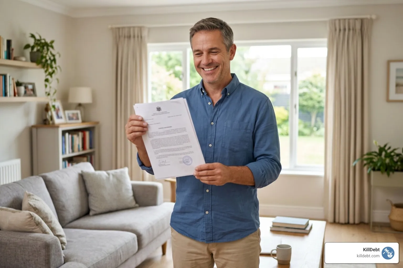 Relieved homeowner holding a court order dismissing an old debt lawsuit