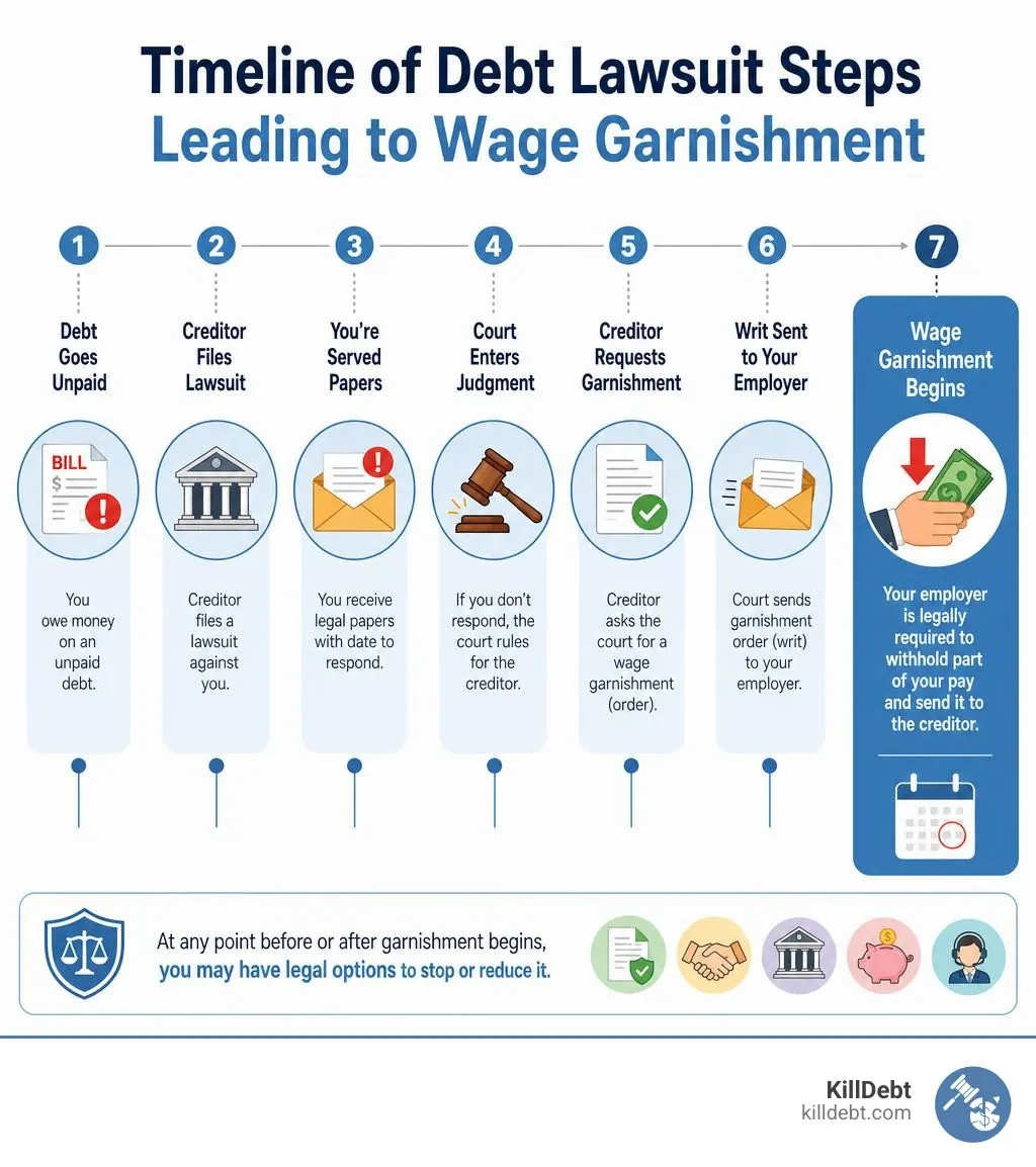 Timeline of debt lawsuit steps leading to wage garnishment infographic