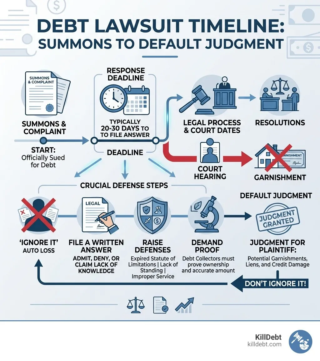 Debt lawsuit timeline from summons to default judgment, with key deadlines and defense steps