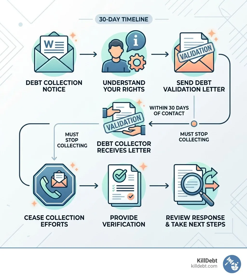 30-day debt validation timeline infographic showing steps from first contact to collector response deadline