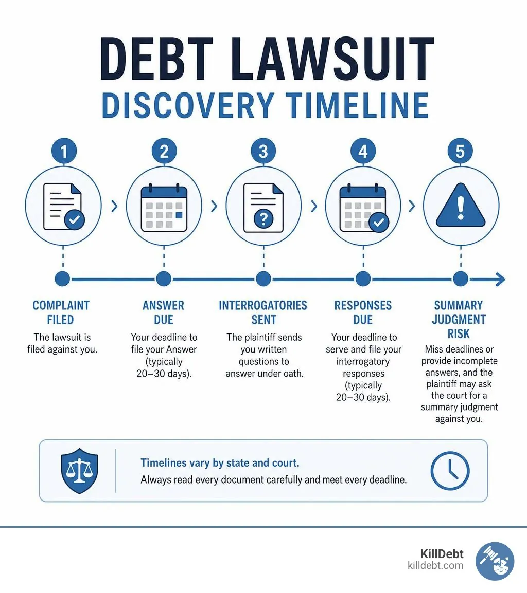 Debt lawsuit discovery timeline infographic: complaint filed, answer due, interrogatories sent, responses due, summary