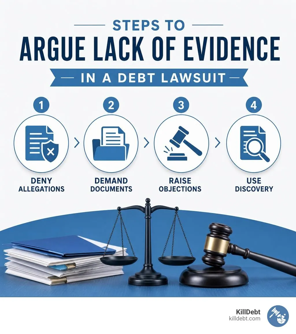 Steps to argue lack of evidence in a debt lawsuit: deny allegations, demand documents, raise objections, use discovery
