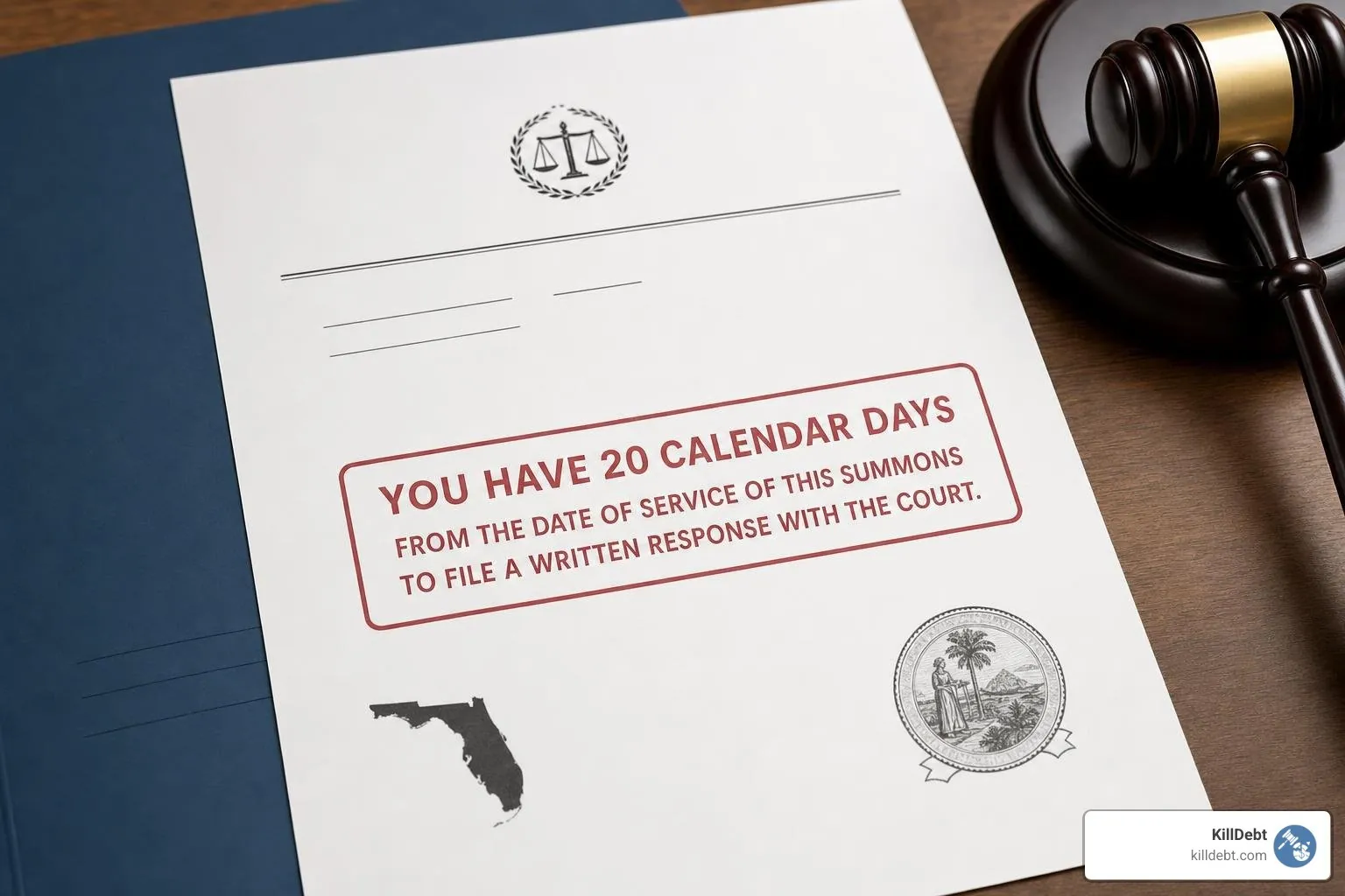 A close-up of a Florida court summons document with a 20-day response warning