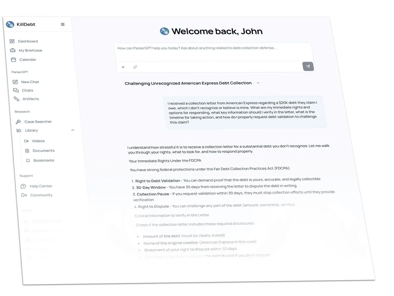 KillDebt dashboard includes ParkerGPT, Court Tester, cheat Sheets and much more