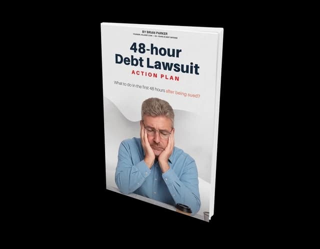 A white paperback. A man sits with his head in his hands under the question: What to do in the first 48 hours after being sued?