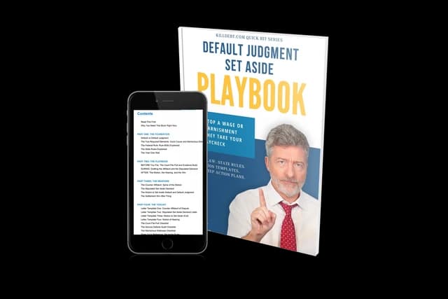 A blue playbook standing beside a phone that shows its contents page. The cover reads: Stop a Wage or Garnishment Before They Take Your Paycheck.