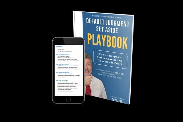 A blue playbook standing beside a phone that shows its contents page. The cover reads: How to Reopen a Closed Case and Get Your Day in Court.
