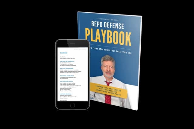 A blue playbook standing beside a phone that shows its contents page. The cover names federal law, state rules, letter templates and step by step action plans.