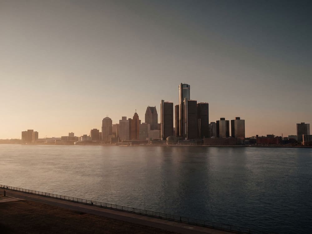 The Detroit skyline at dusk.