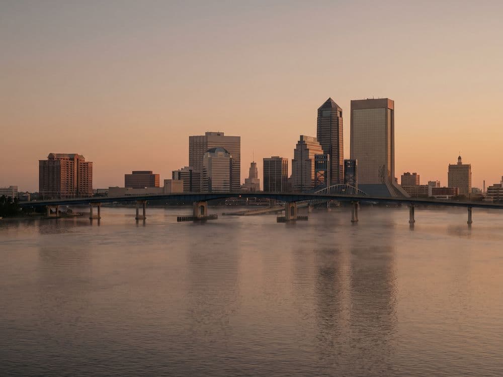 The Jacksonville skyline at dusk.
