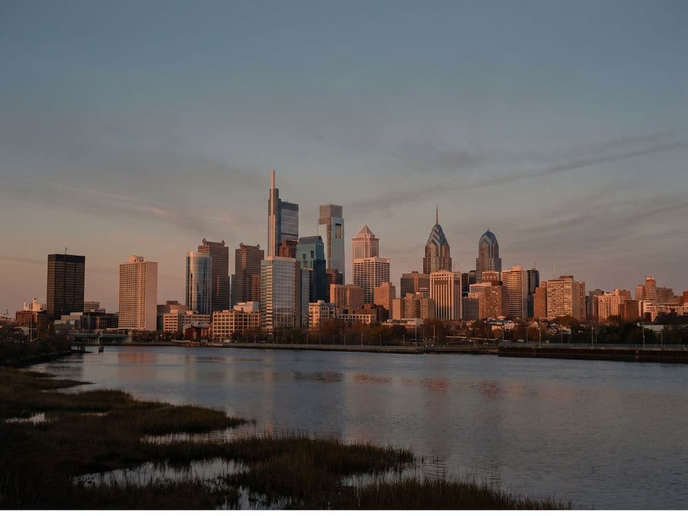 The Greater Philadelphia skyline at dusk.