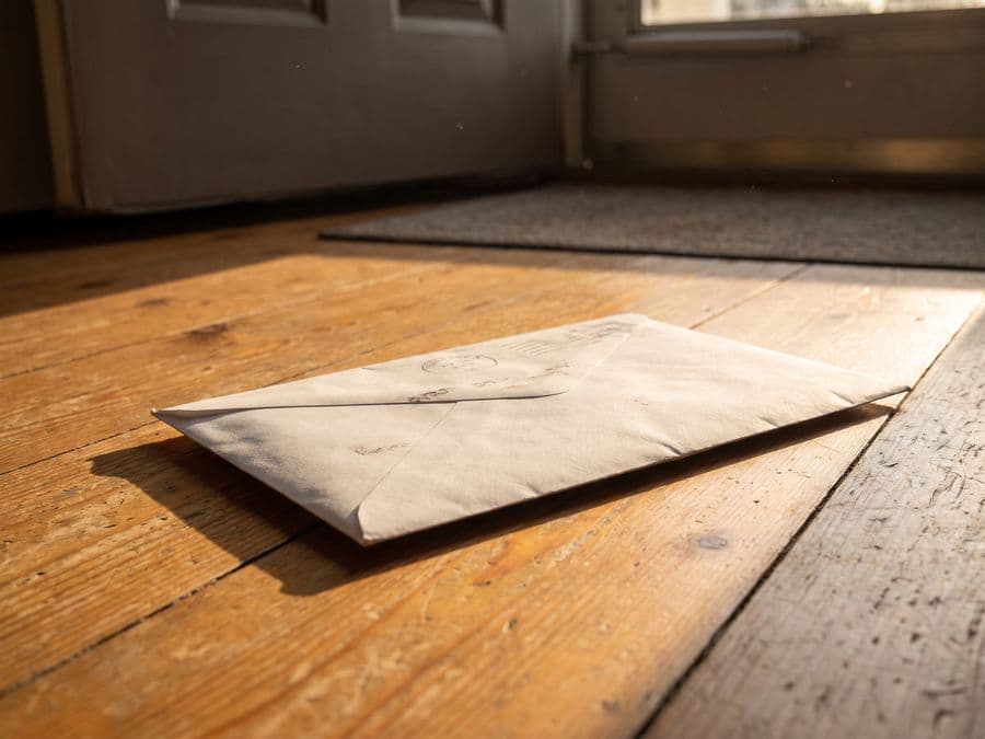 Court summons papers delivered and lying on the entryway floor.
