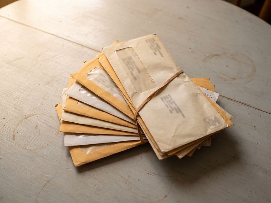 Unopened debt collection notices laying on a table.