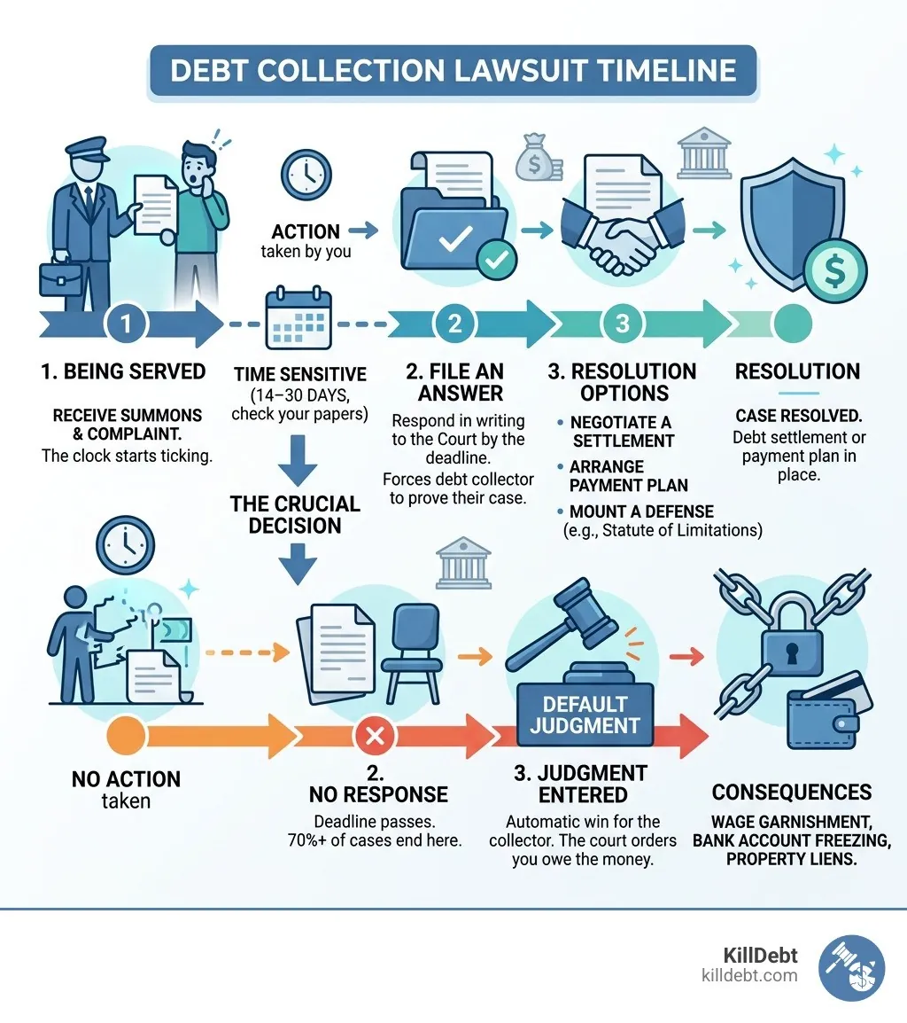 Debt collection lawsuit timeline from service to default judgment or resolution