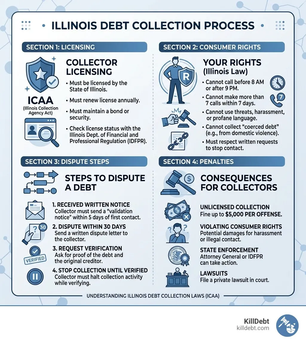 Illinois debt collection process infographic: licensing, consumer rights, dispute steps, and penalties