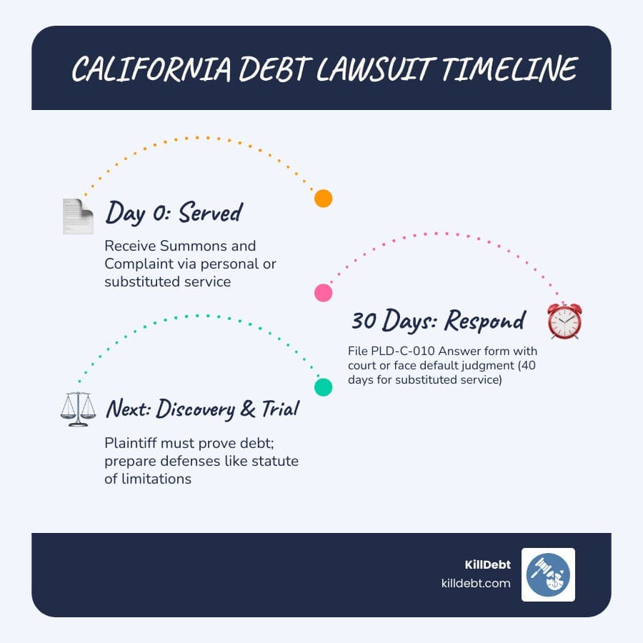 California debt lawsuit answer timeline from service to filing to trial