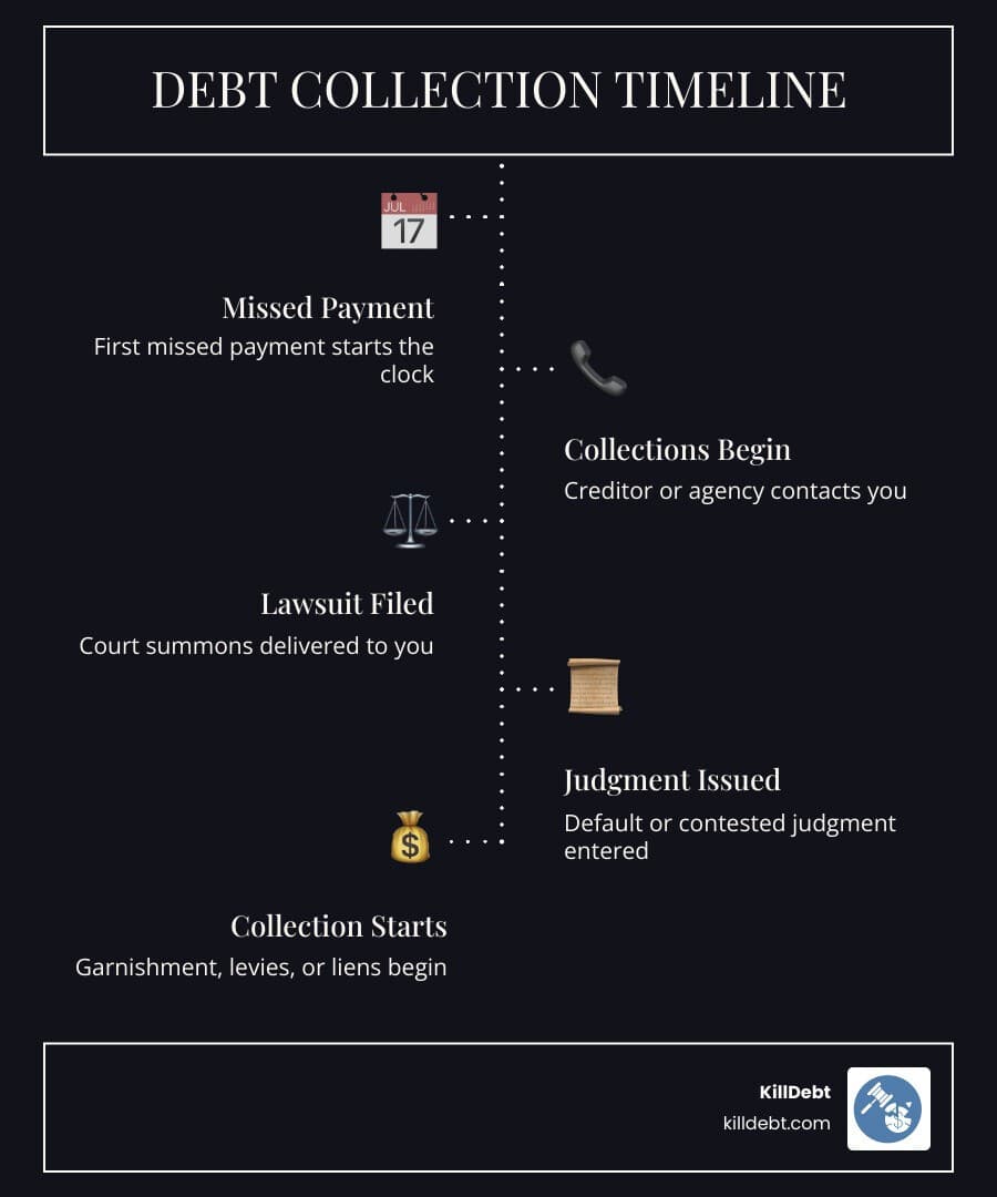 Debt collection timeline from missed payment to court judgment infographic