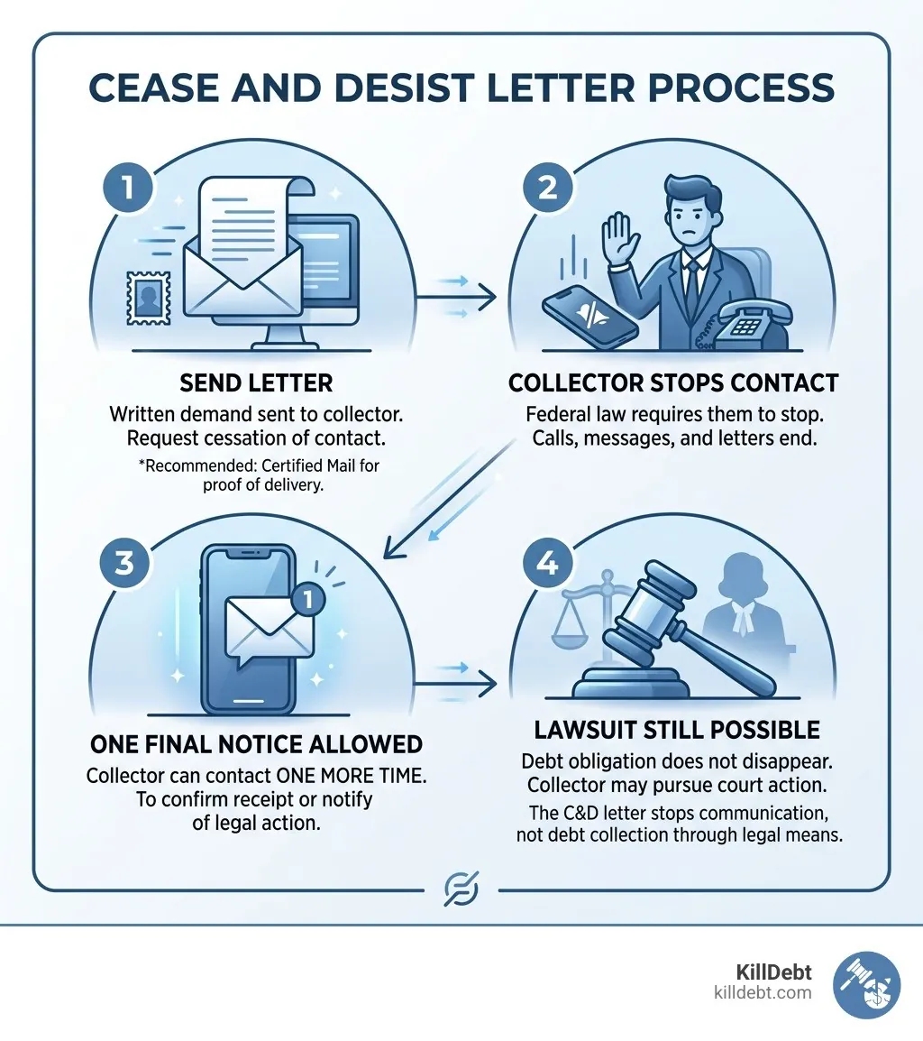 Cease and desist letter process: send letter, collector stops contact, one final notice allowed, lawsuit still possible