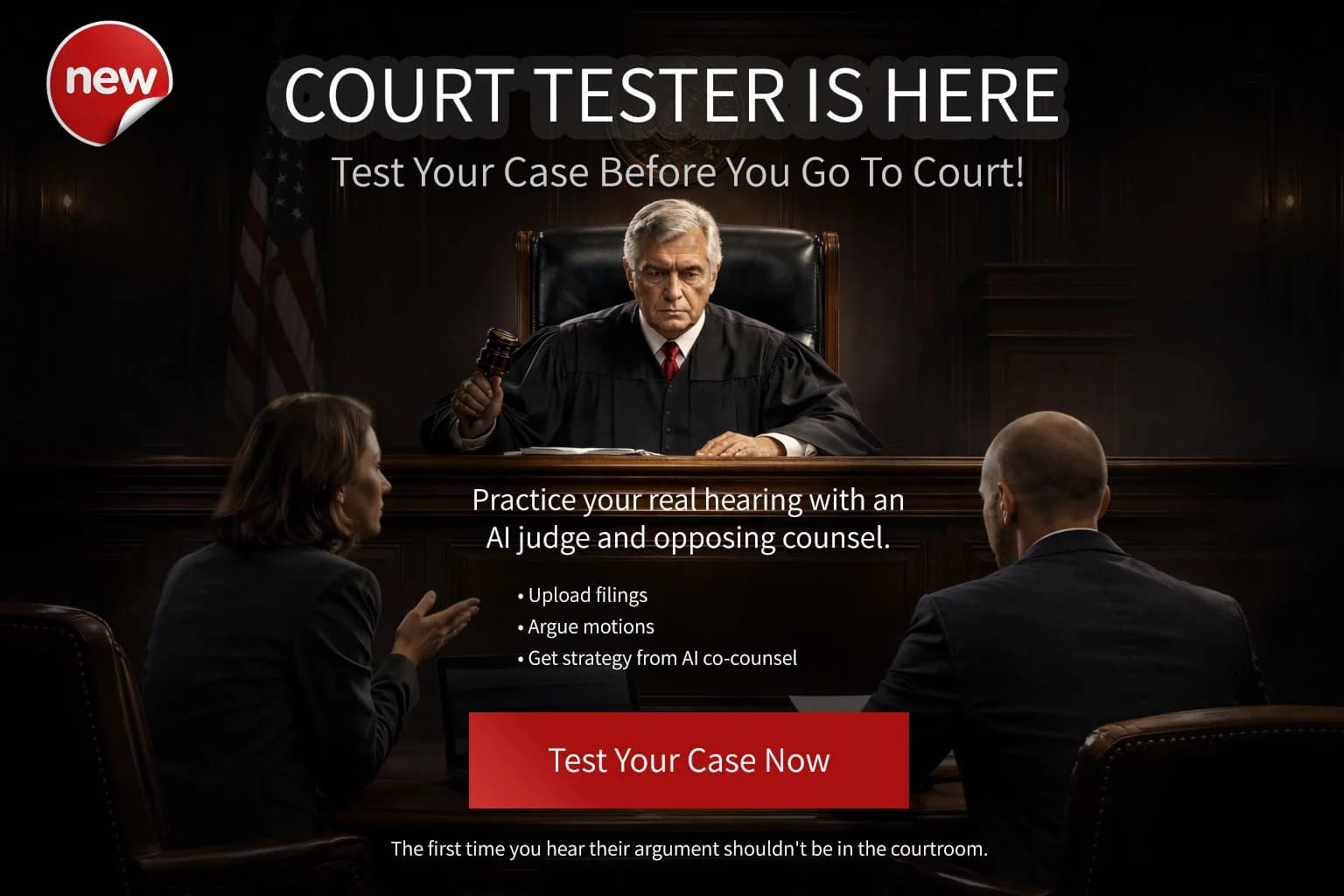 KillDebt Court Tester interface showing an AI Judge and opposing counsel