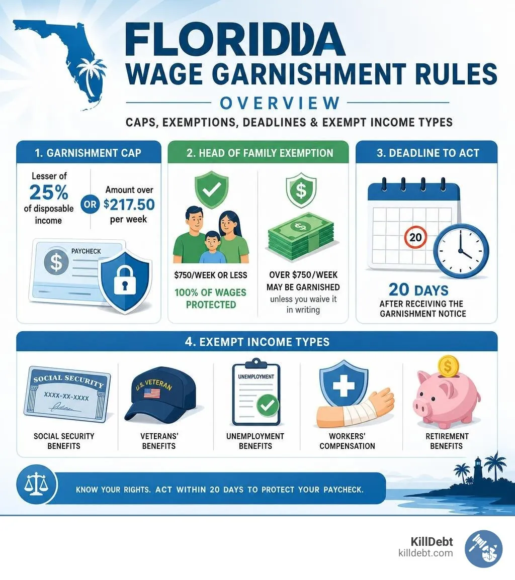 Florida wage garnishment rules overview infographic: caps, exemptions, deadlines, and exempt income types