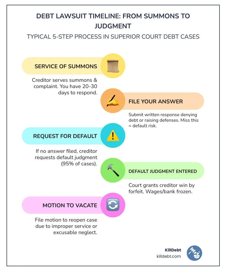 Debt lawsuit timeline from summons to default judgment to motion to vacate