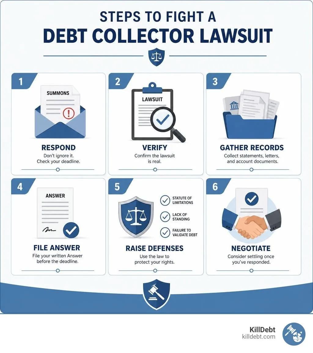 Steps to fight a debt collector lawsuit: respond, verify, gather records, file answer, raise defenses, negotiate infographic
