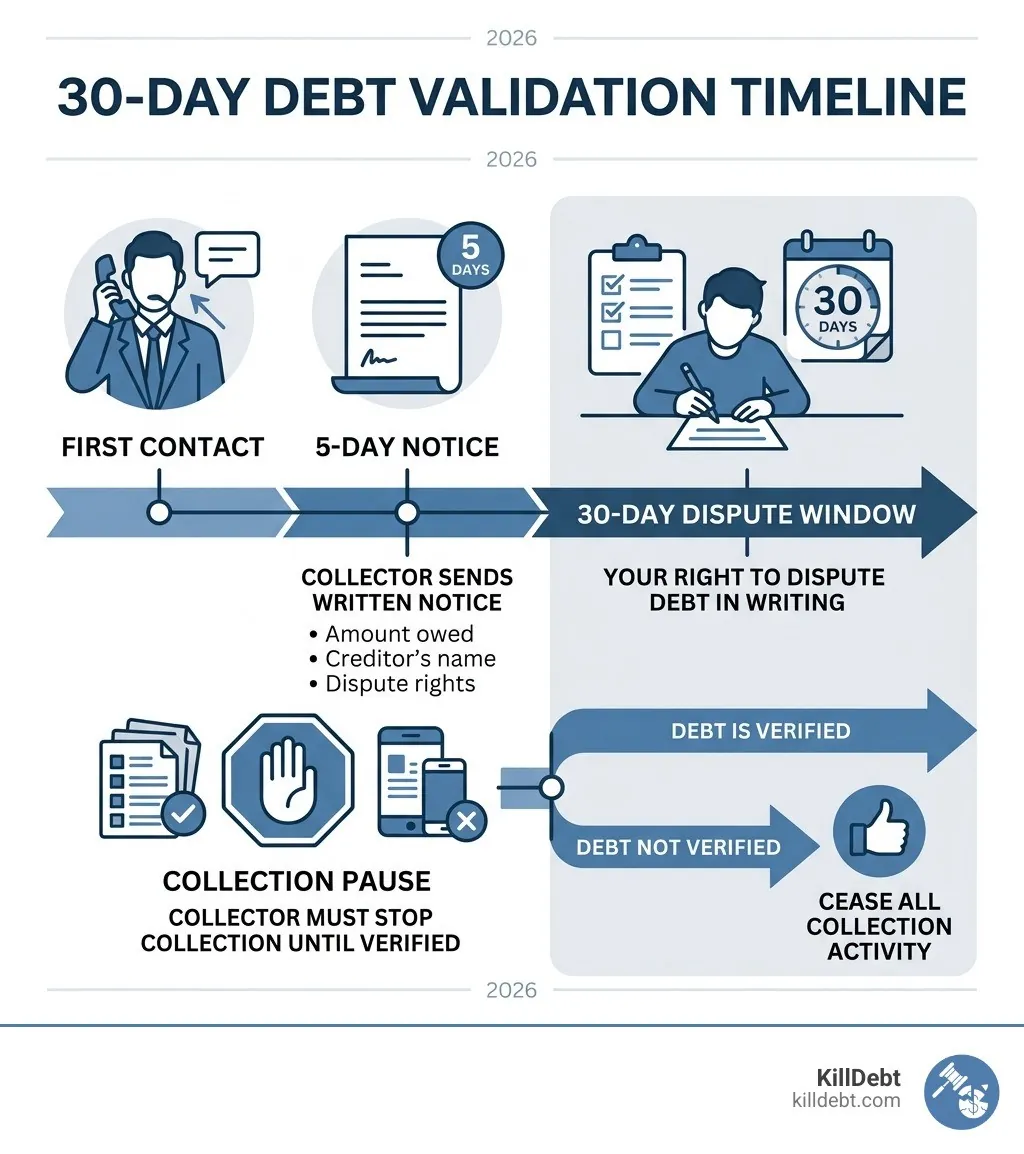 30-day debt validation timeline: first contact, 5-day notice, 30-day dispute window, collection pause