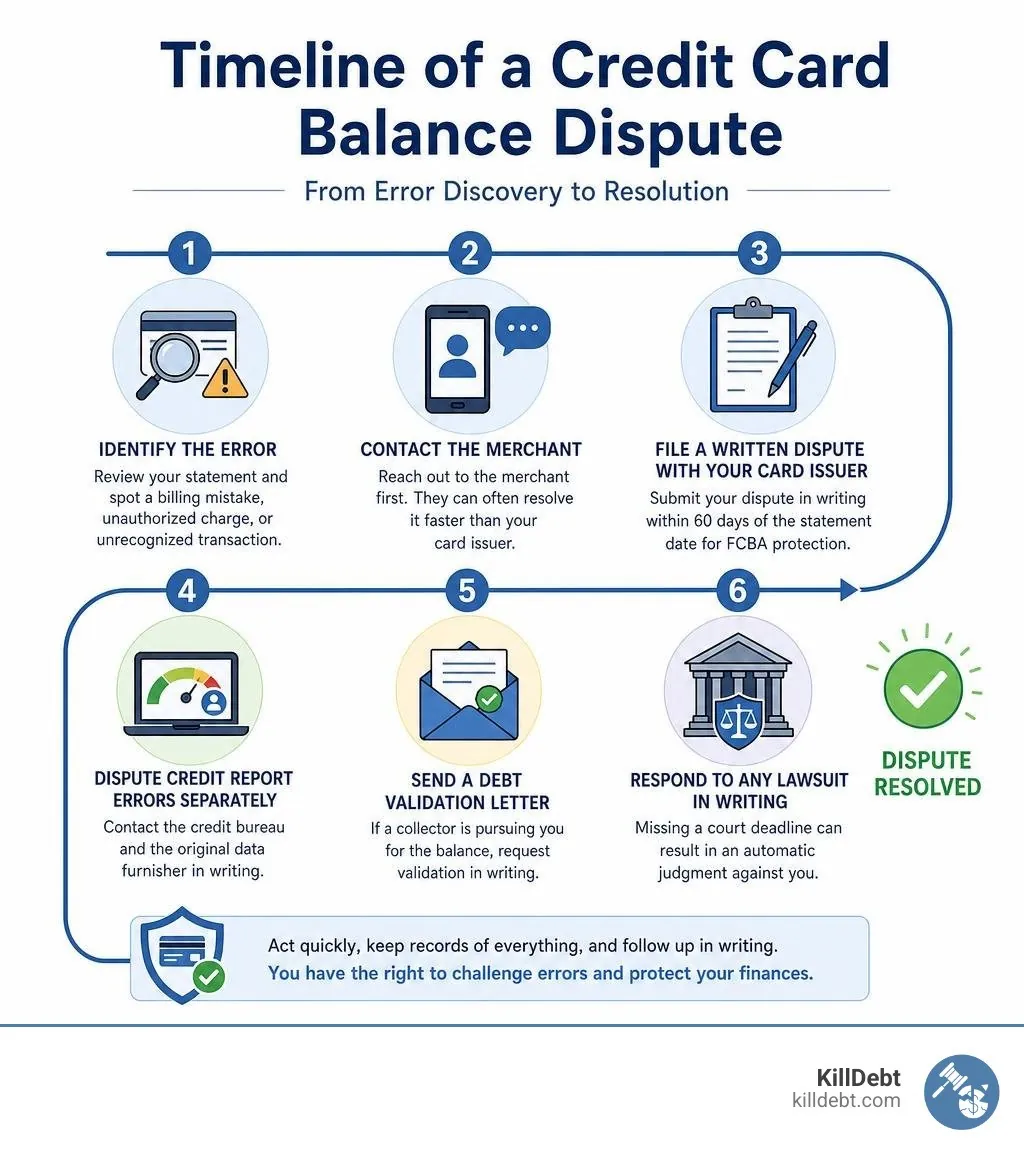 Timeline of a credit card balance dispute from error discovery to resolution infographic