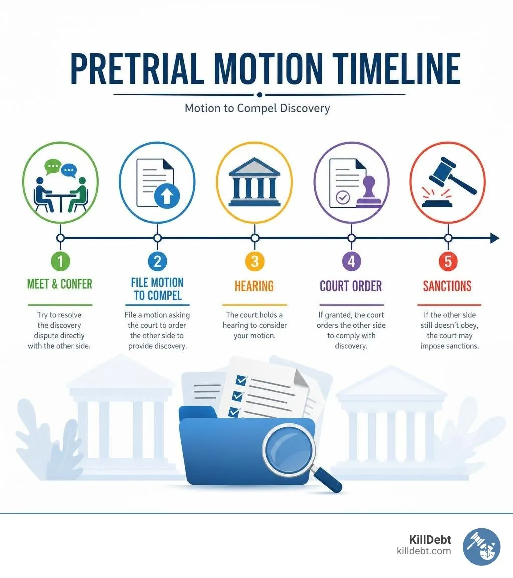 Pretrial motion timeline infographic: meet and confer, file motion to compel, hearing, court order, sanctions