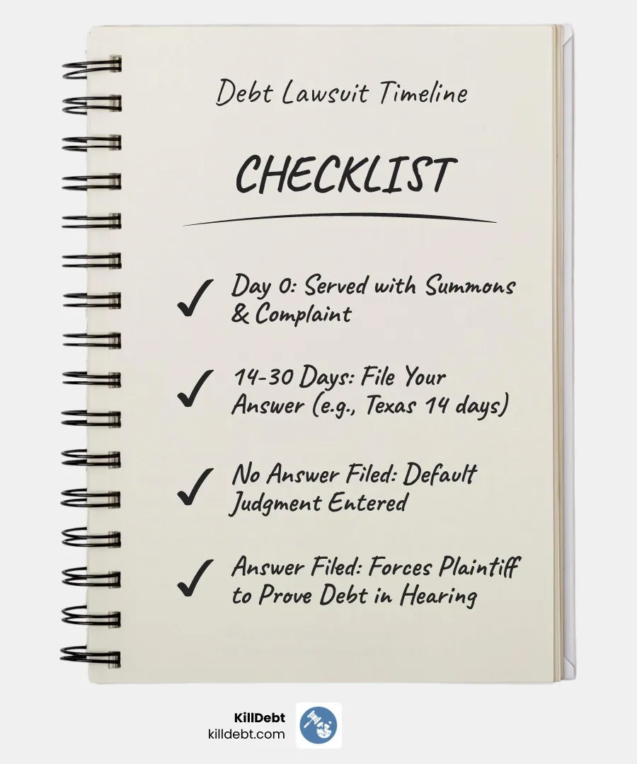 Debt lawsuit timeline from service to default judgment or hearing