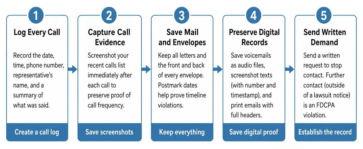 Process for documenting FDCPA violations and building evidence
