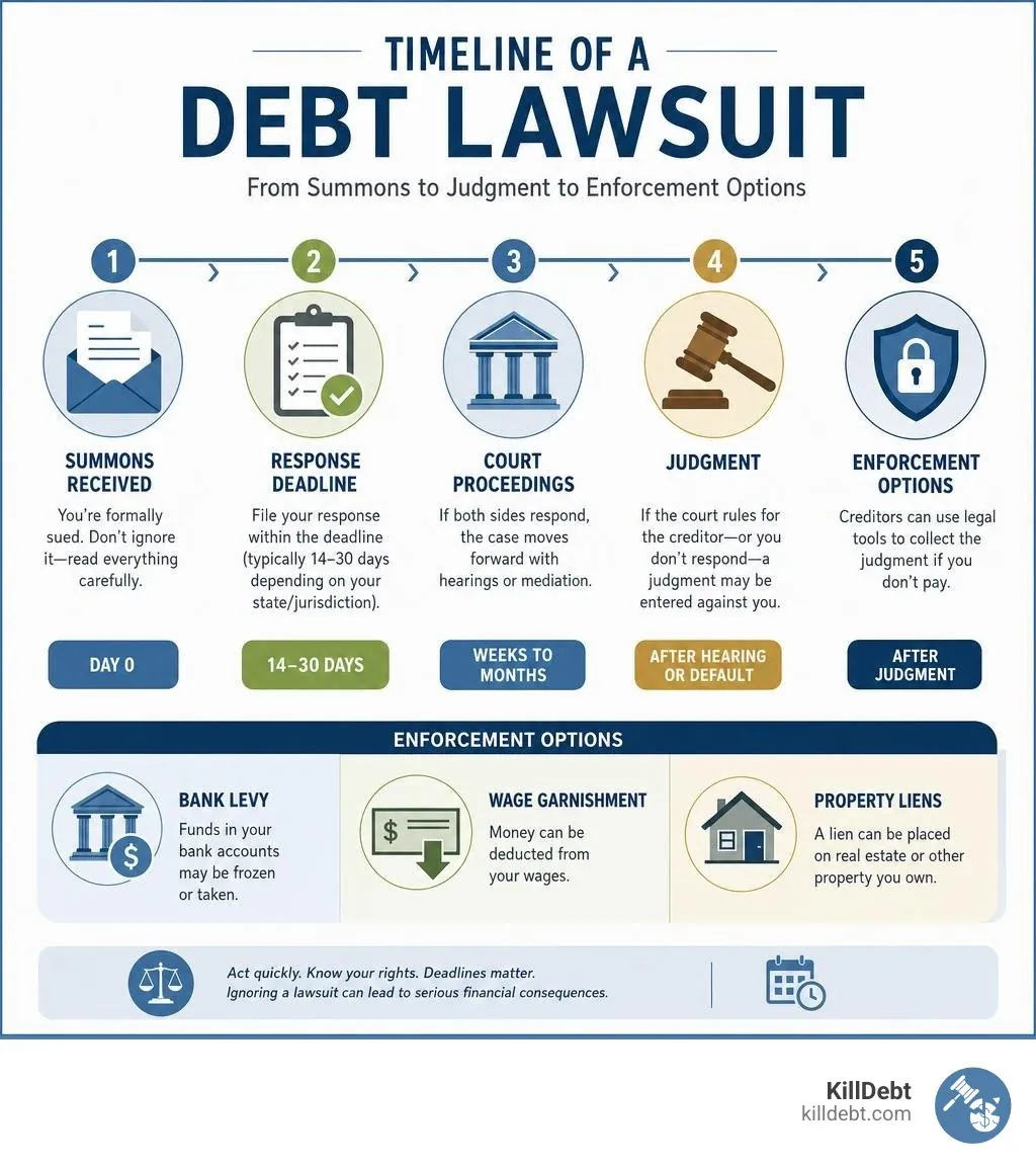 Timeline of a debt lawsuit from summons to judgment to enforcement options infographic