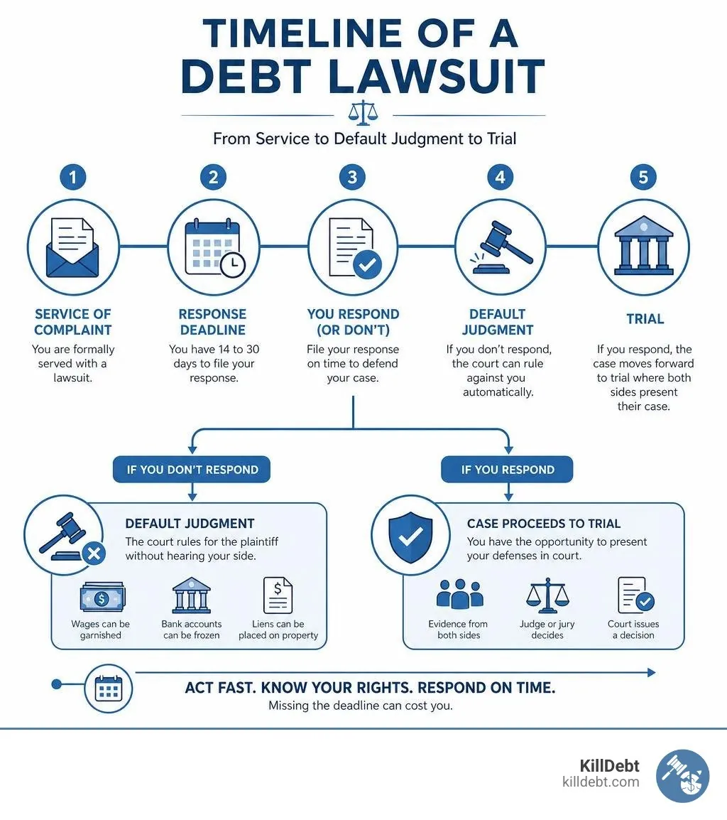 Timeline of a debt lawsuit from service to default judgment to trial infographic
