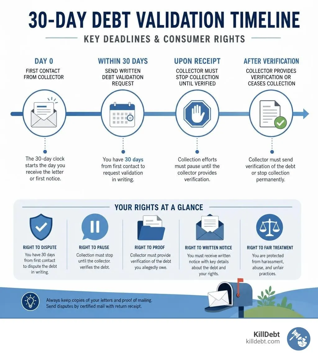 30-day debt validation timeline infographic showing key deadlines and consumer rights