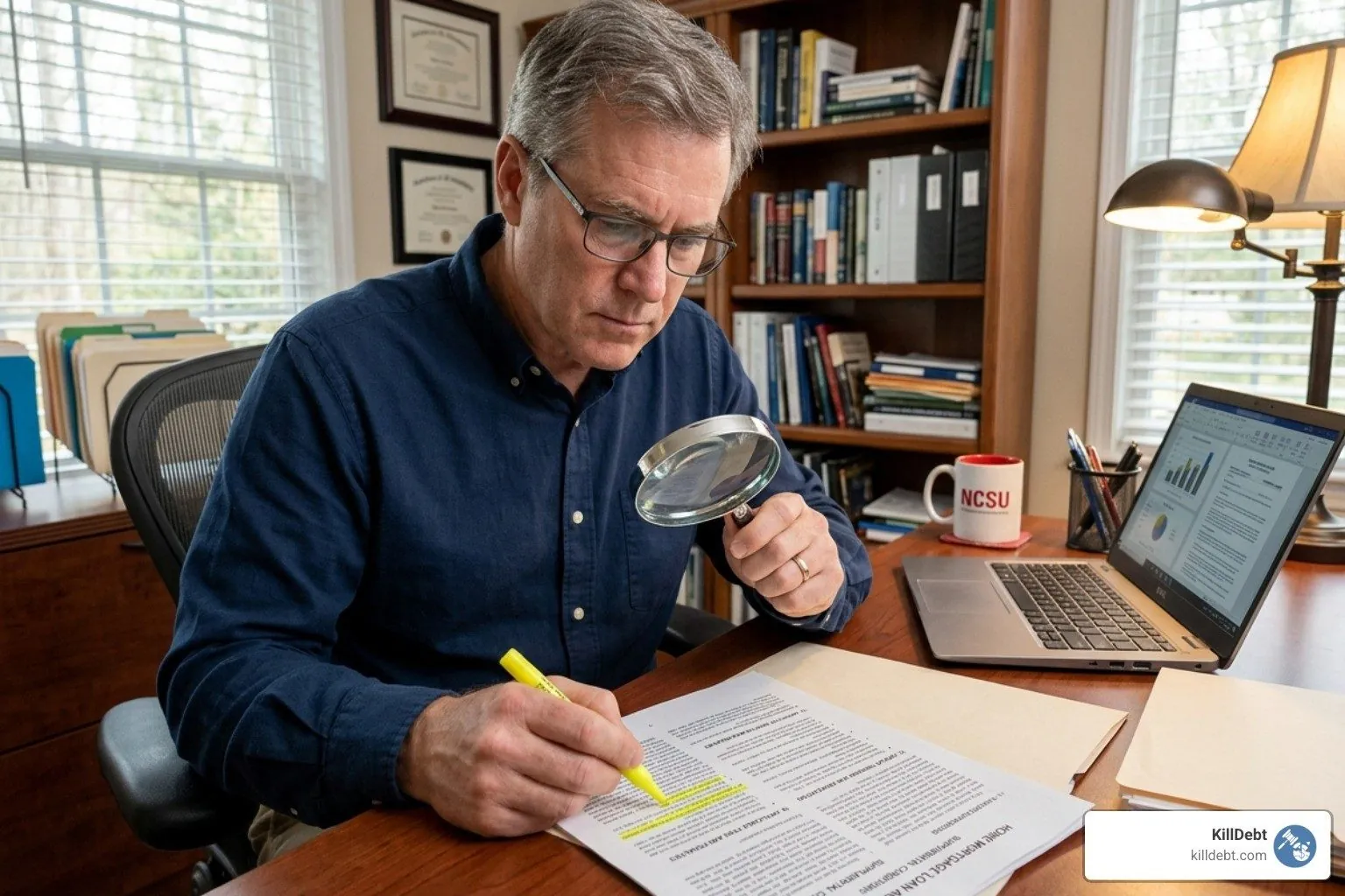 Consumer carefully reviewing a loan contract for default triggers and fee clauses