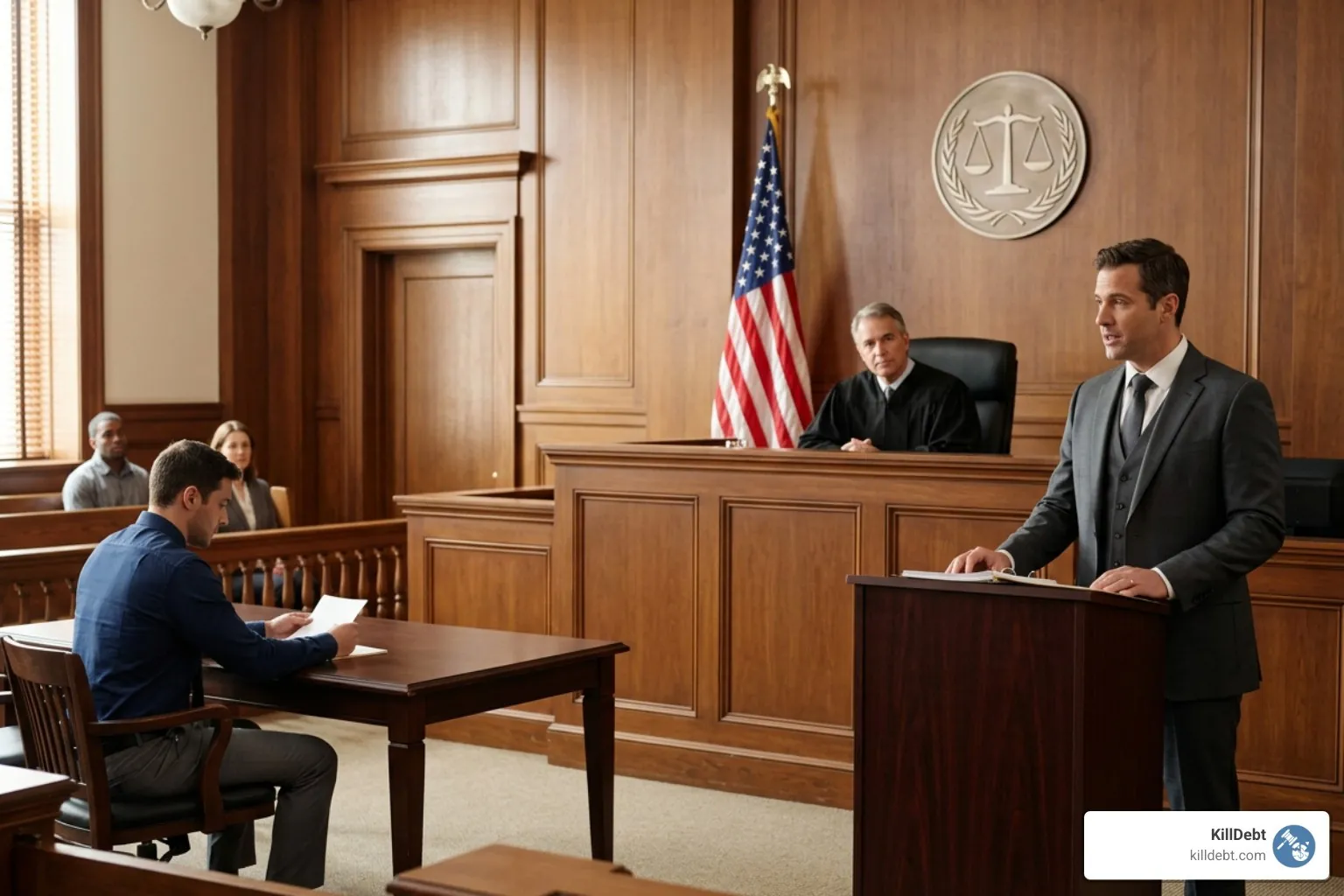 Courtroom hearing with judge and counsel