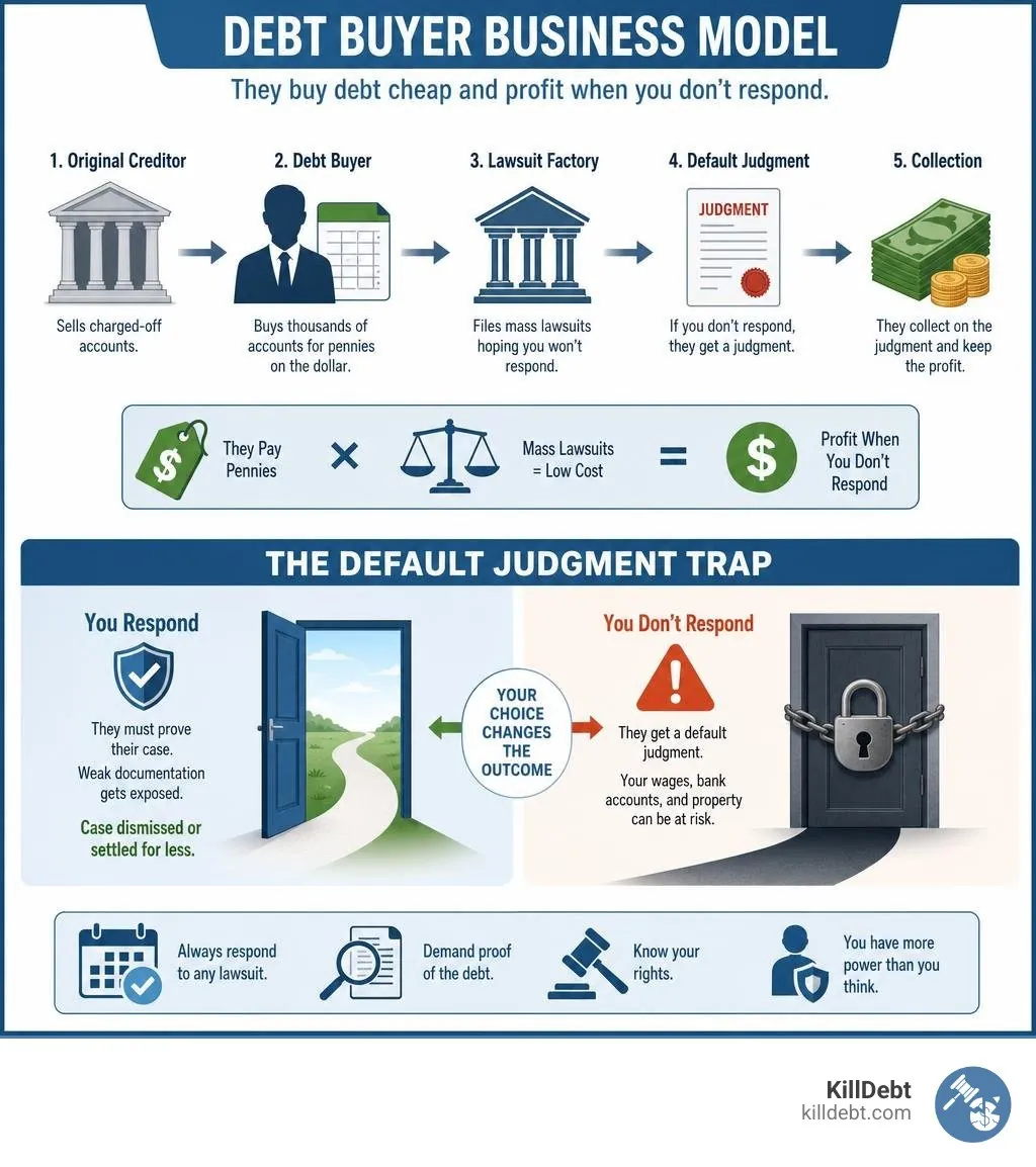 Debt buyer business model and default judgment trap infographic