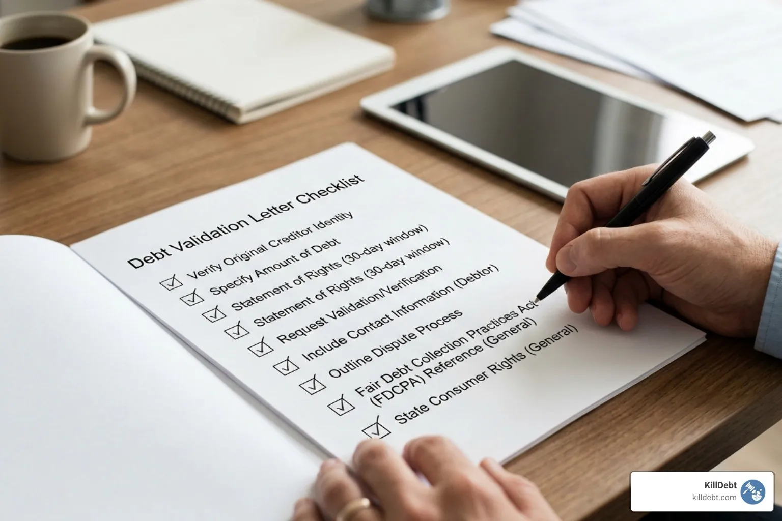 checklist for debt validation letters showing required legal disclosures